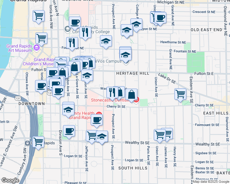 map of restaurants, bars, coffee shops, grocery stores, and more near 327 Washington Street Southeast in Grand Rapids