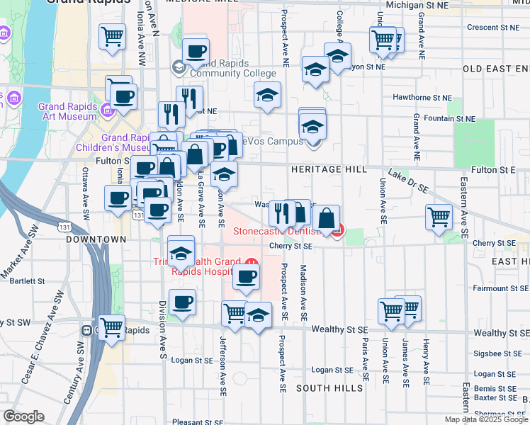 map of restaurants, bars, coffee shops, grocery stores, and more near 255 Washington Street Southeast in Grand Rapids