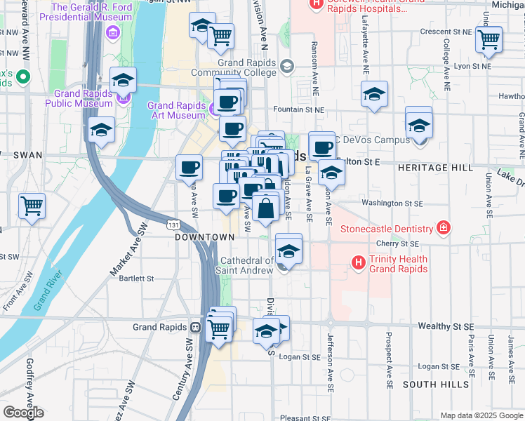 map of restaurants, bars, coffee shops, grocery stores, and more near 69 Division Avenue South in Grand Rapids