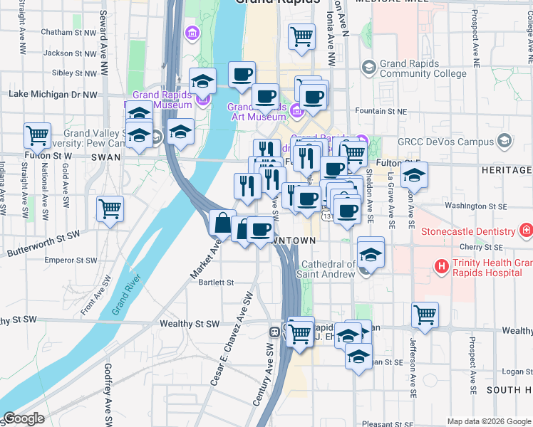 map of restaurants, bars, coffee shops, grocery stores, and more near 55 Ottawa Avenue Southwest in Grand Rapids