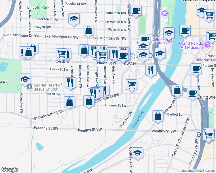 map of restaurants, bars, coffee shops, grocery stores, and more near 734 Watson Street Southwest in Grand Rapids