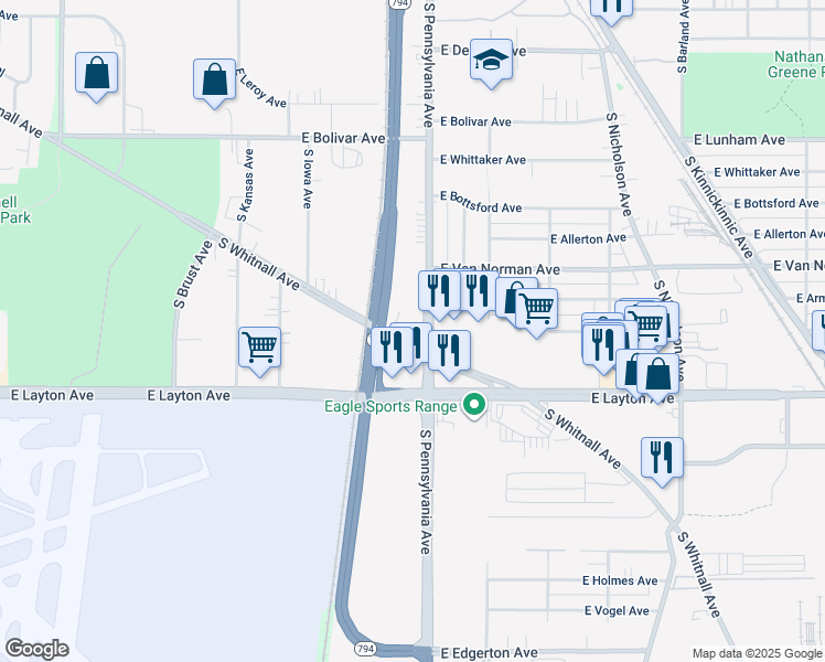 map of restaurants, bars, coffee shops, grocery stores, and more near 4557 South Pennsylvania Avenue in Saint Francis