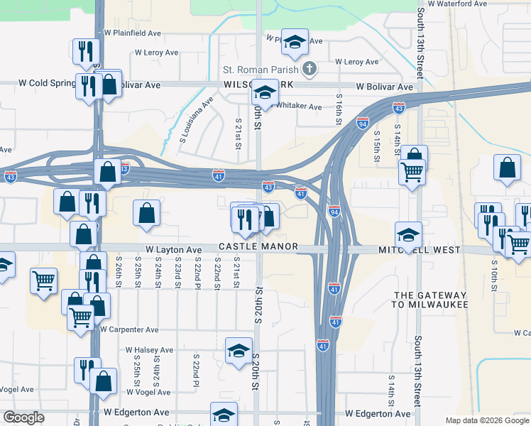 map of restaurants, bars, coffee shops, grocery stores, and more near 4564A South 20th Street in Milwaukee