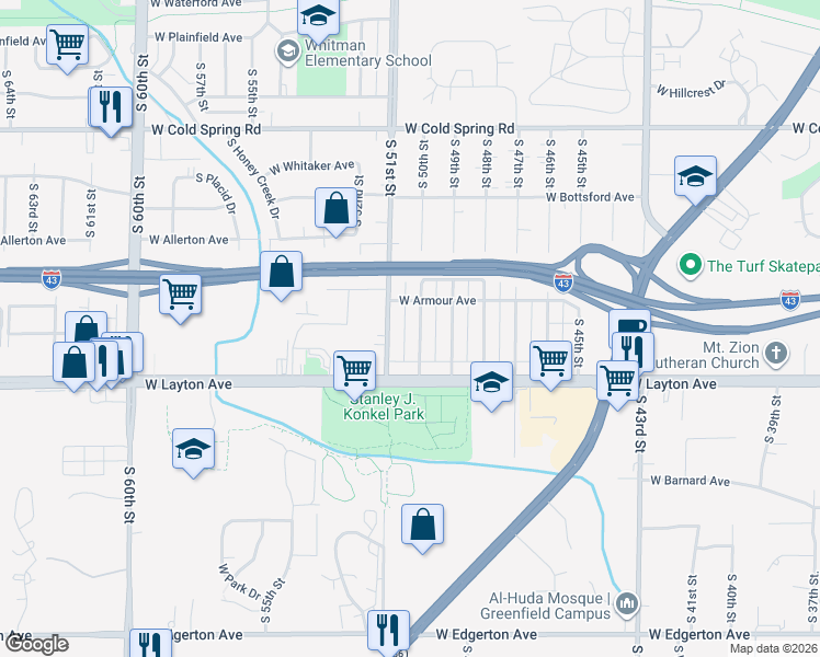 map of restaurants, bars, coffee shops, grocery stores, and more near 4600 South 51st Street in Greenfield