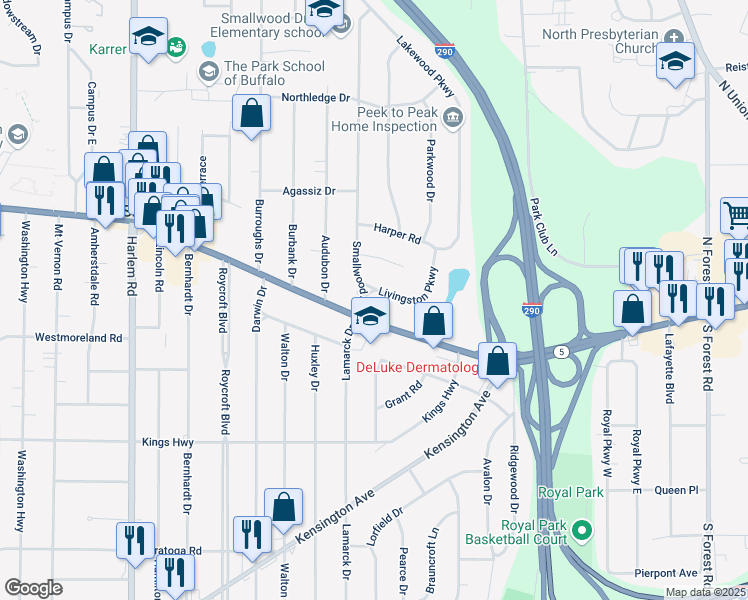 map of restaurants, bars, coffee shops, grocery stores, and more near 47 Smallwood Drive in Buffalo