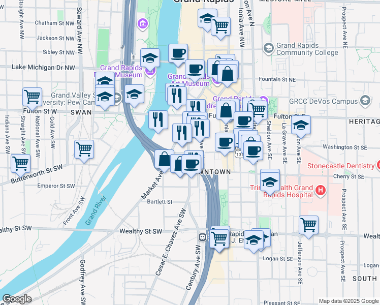 map of restaurants, bars, coffee shops, grocery stores, and more near 185 Oakes Street Southwest in Grand Rapids