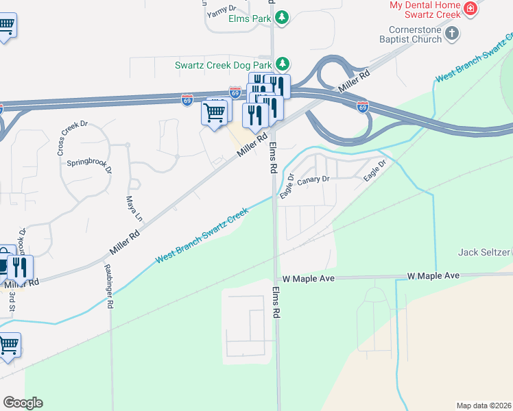 map of restaurants, bars, coffee shops, grocery stores, and more near 7067 Miller Road in Swartz Creek