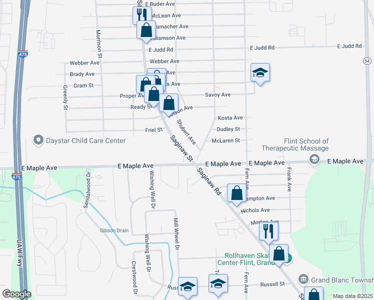 map of restaurants, bars, coffee shops, grocery stores, and more near 4523 Saginaw Street in Flint