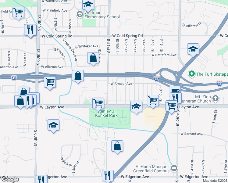 map of restaurants, bars, coffee shops, grocery stores, and more near 4600 South 51st Street in Greenfield