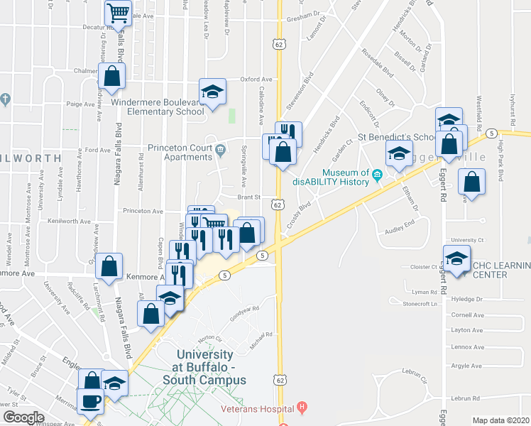 map of restaurants, bars, coffee shops, grocery stores, and more near 65 Callodine Avenue in Buffalo