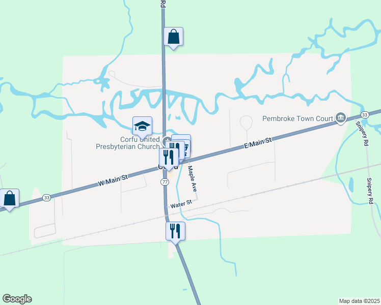 map of restaurants, bars, coffee shops, grocery stores, and more near 21 East Main Street in Corfu