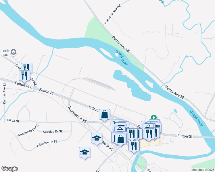 map of restaurants, bars, coffee shops, grocery stores, and more near 7575 Fulton Street in Ada