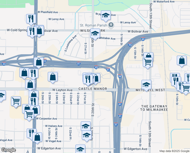 map of restaurants, bars, coffee shops, grocery stores, and more near 4602 South 20th Street in Milwaukee