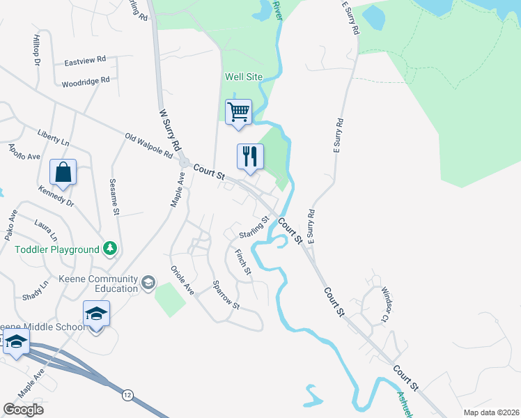 map of restaurants, bars, coffee shops, grocery stores, and more near 796 Court Street in Keene