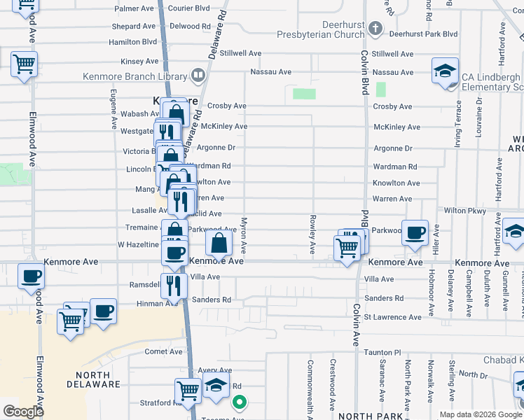 map of restaurants, bars, coffee shops, grocery stores, and more near 156 Warren Avenue in Kenmore