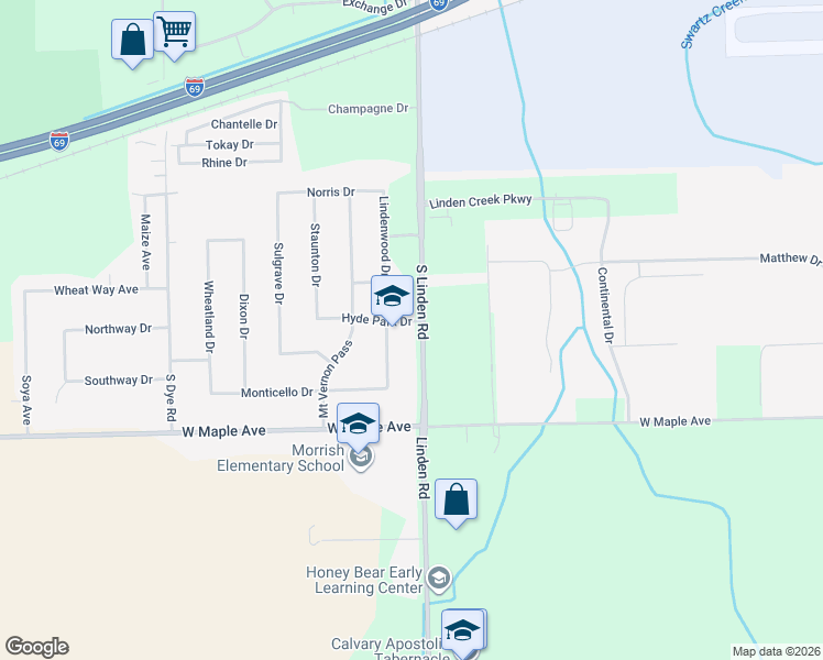map of restaurants, bars, coffee shops, grocery stores, and more near 4414 South Linden Road in Flint