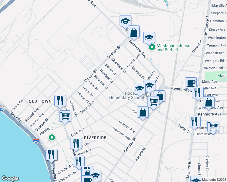 map of restaurants, bars, coffee shops, grocery stores, and more near 254 Roesch Avenue in Buffalo