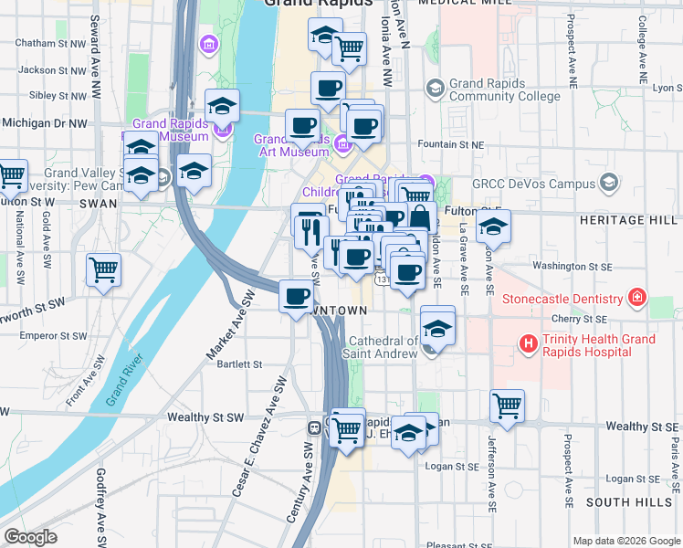 map of restaurants, bars, coffee shops, grocery stores, and more near 65 Ionia Avenue Southwest in Grand Rapids