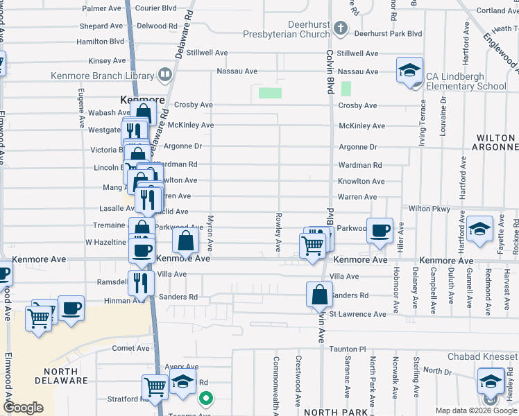map of restaurants, bars, coffee shops, grocery stores, and more near 194 Warren Avenue in Kenmore