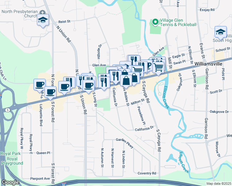 map of restaurants, bars, coffee shops, grocery stores, and more near 5447-54 Main Street in Williamsville
