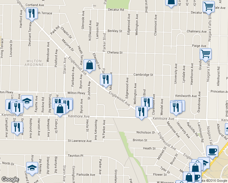 map of restaurants, bars, coffee shops, grocery stores, and more near 19 Midland Avenue in Buffalo