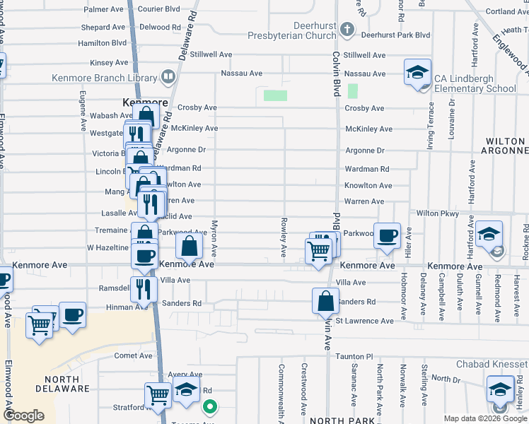 map of restaurants, bars, coffee shops, grocery stores, and more near 194 Warren Avenue in Kenmore