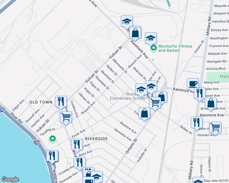 map of restaurants, bars, coffee shops, grocery stores, and more near 254 Roesch Avenue in Buffalo