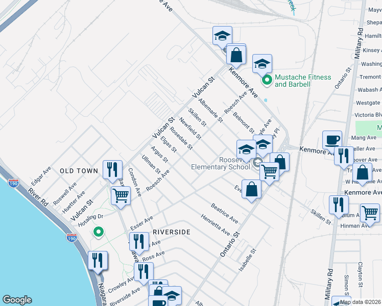 map of restaurants, bars, coffee shops, grocery stores, and more near 254 Roesch Avenue in Buffalo