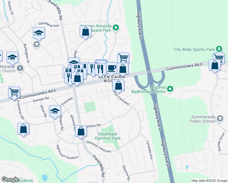 map of restaurants, bars, coffee shops, grocery stores, and more near 1155 Commissioners Road East in London