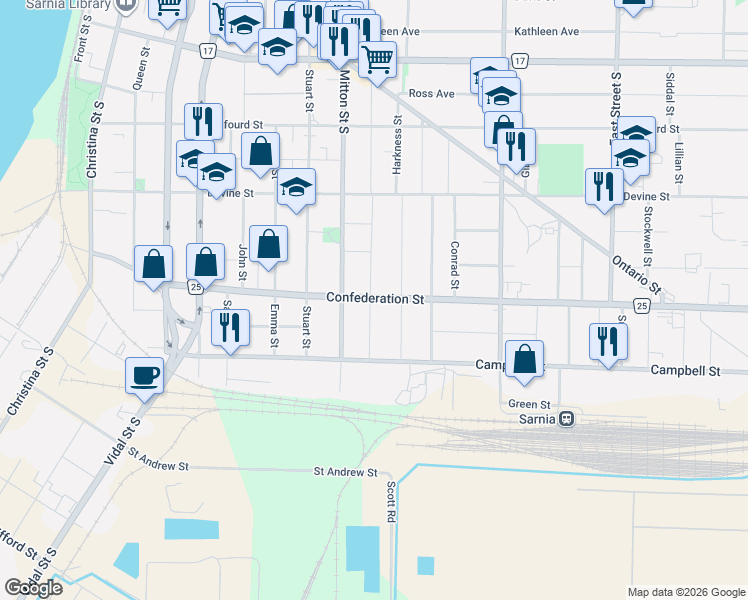 map of restaurants, bars, coffee shops, grocery stores, and more near 463 Confederation Street in Sarnia