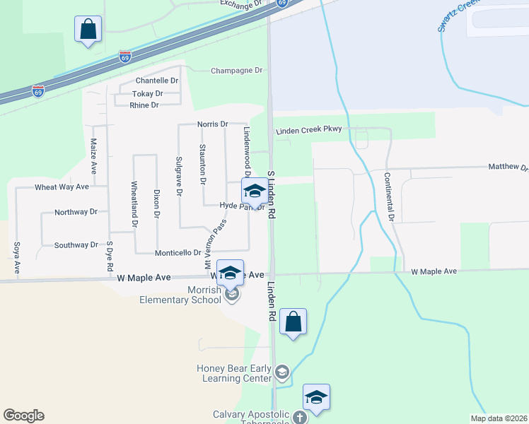 map of restaurants, bars, coffee shops, grocery stores, and more near 4414 South Linden Road in Flint