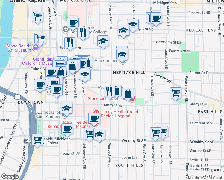 map of restaurants, bars, coffee shops, grocery stores, and more near 327 Washington Street Southeast in Grand Rapids