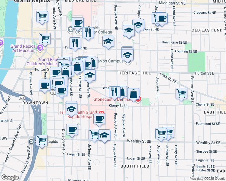map of restaurants, bars, coffee shops, grocery stores, and more near 327 Washington Street Southeast in Grand Rapids