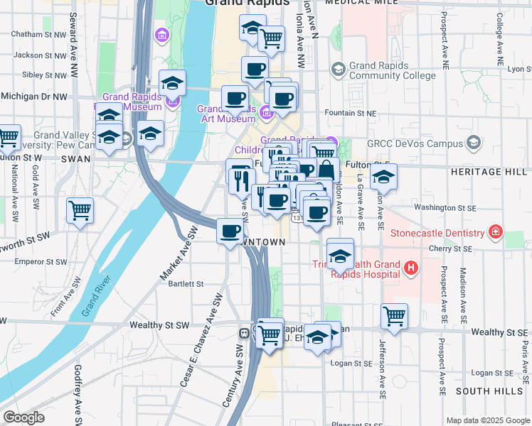 map of restaurants, bars, coffee shops, grocery stores, and more near 65 Ionia Avenue Southwest in Grand Rapids