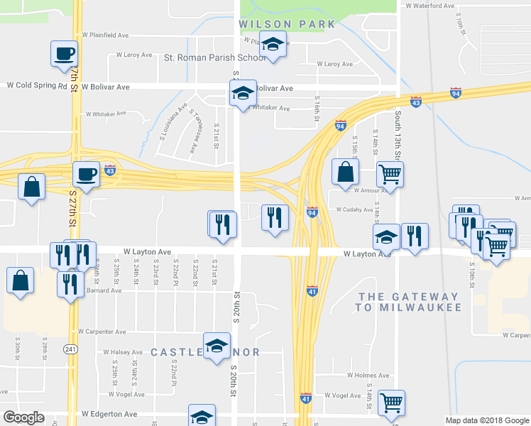 map of restaurants, bars, coffee shops, grocery stores, and more near 4574 South 20th Street in Milwaukee