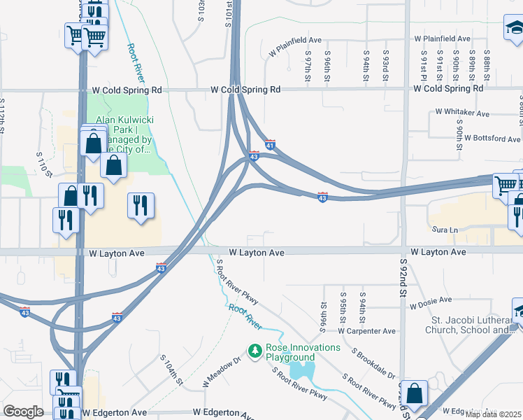 map of restaurants, bars, coffee shops, grocery stores, and more near Rock Freeway in Greenfield