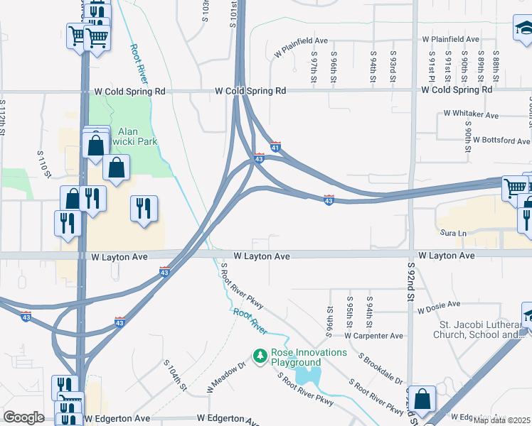 map of restaurants, bars, coffee shops, grocery stores, and more near Rock Freeway in Greenfield