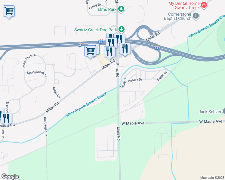 map of restaurants, bars, coffee shops, grocery stores, and more near 7067 Miller Road in Swartz Creek