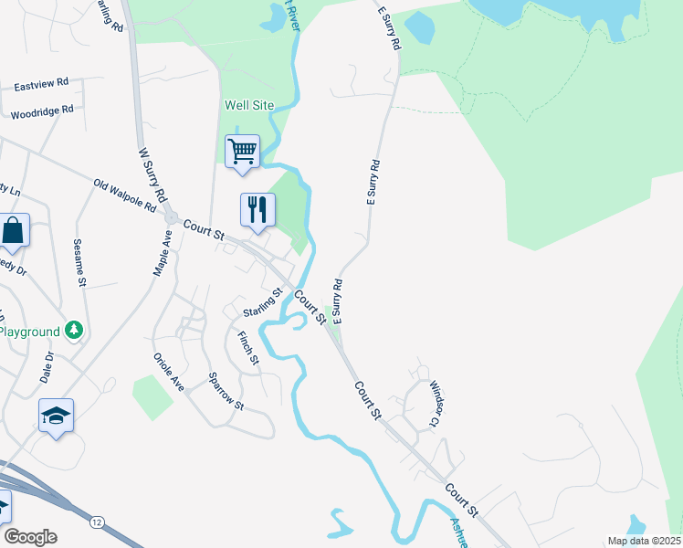 map of restaurants, bars, coffee shops, grocery stores, and more near 62 E Surry Rd in Keene