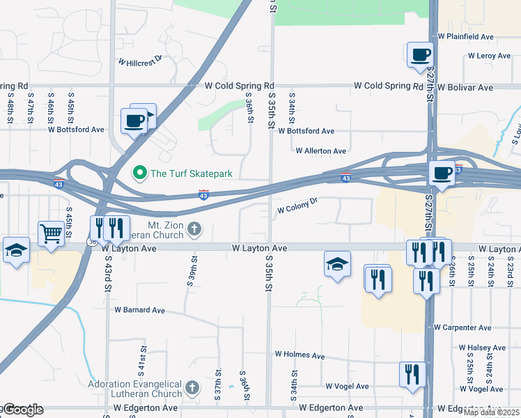 map of restaurants, bars, coffee shops, grocery stores, and more near 4621 South 35th Street in Greenfield