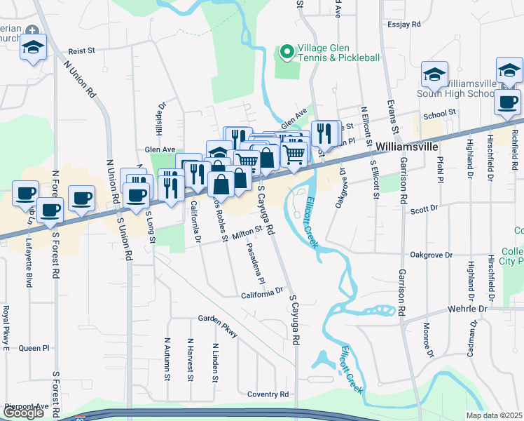 map of restaurants, bars, coffee shops, grocery stores, and more near 31 South Cayuga Road in Williamsville