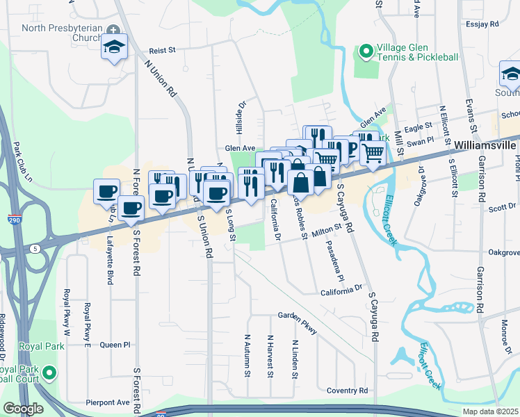 map of restaurants, bars, coffee shops, grocery stores, and more near 5409 Main Street in Williamsville