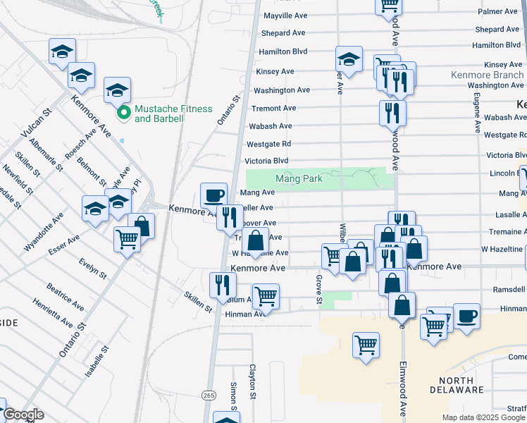 map of restaurants, bars, coffee shops, grocery stores, and more near 203 Keller Avenue in Buffalo