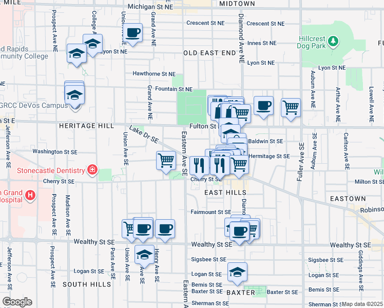 map of restaurants, bars, coffee shops, grocery stores, and more near 833 Lake Drive Southeast in Grand Rapids