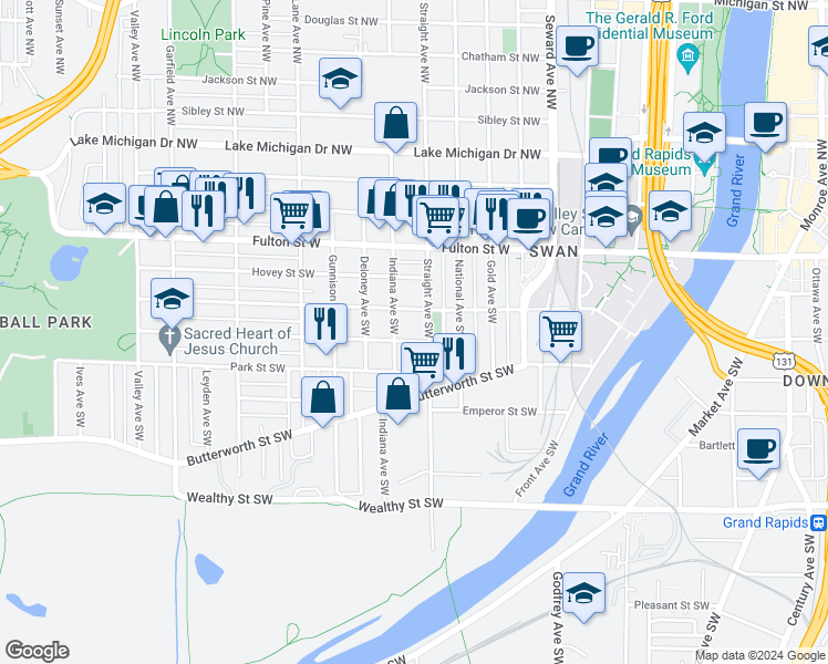 map of restaurants, bars, coffee shops, grocery stores, and more near 101 Straight Avenue Northwest in Grand Rapids