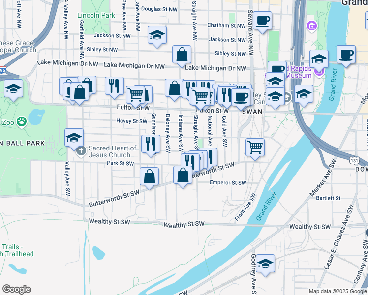map of restaurants, bars, coffee shops, grocery stores, and more near 840 Watson Street Southwest in Grand Rapids