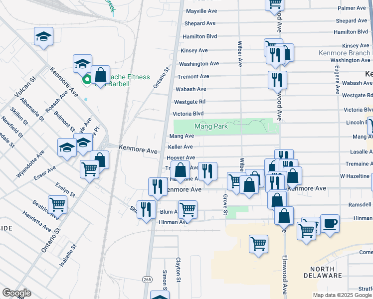 map of restaurants, bars, coffee shops, grocery stores, and more near 203 Keller Avenue in Buffalo