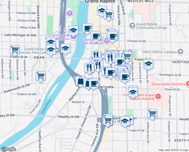 map of restaurants, bars, coffee shops, grocery stores, and more near 185 Oakes Street Southwest in Grand Rapids