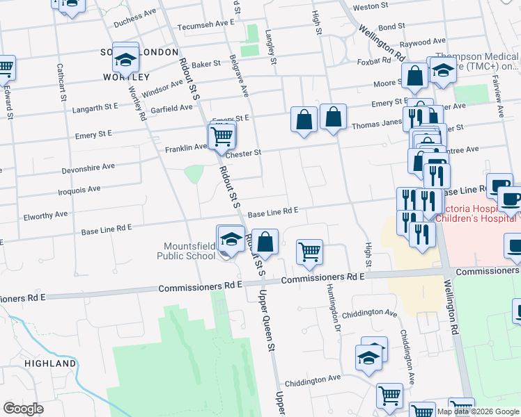 map of restaurants, bars, coffee shops, grocery stores, and more near 431 Belhaven Road in London