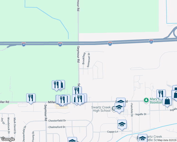 map of restaurants, bars, coffee shops, grocery stores, and more near 14 Brookfield in Swartz Creek